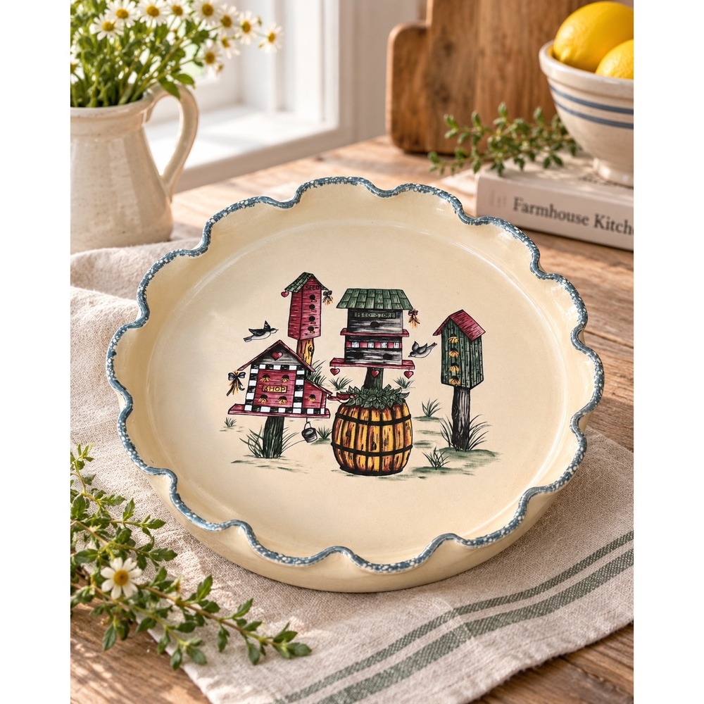 Vintage 2001 Home & Garden Party Birdhouse Stoneware Pie Dish Scalloped Rim USA